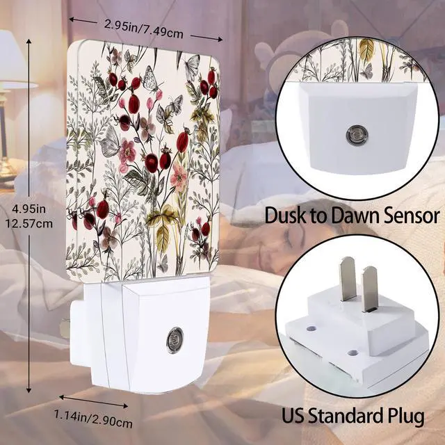 Alt view image 2 of 7 - Vintage Flower Night Light, Butterfly Plug into Wall with Dusk to Dawn Light Sensors, Warm Nightlights for Bedroom, Bathroom, Hallway, Kitchen, Gifts Ideal for Girls Women