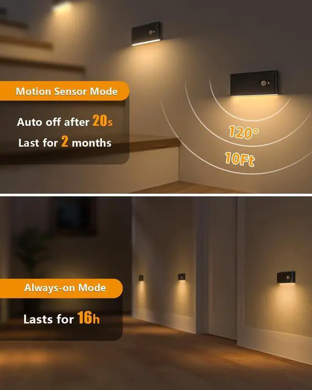 Alt view image 4 of 7 - Rechargeable Night Light, Wireless Stair Lights Indoor, Warm White Motion Sensor Light Indoor, Stick-Anywhere, Battery Powered Night Light for Hallway, Stairway, Bathroom, Bedroom, 3 Pack