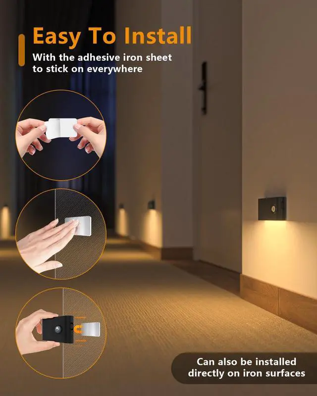 Alt view image 6 of 7 - Rechargeable Night Light, Wireless Stair Lights Indoor, Warm White Motion Sensor Light Indoor, Stick-Anywhere, Battery Powered Night Light for Hallway, Stairway, Bathroom, Bedroom, 3 Pack