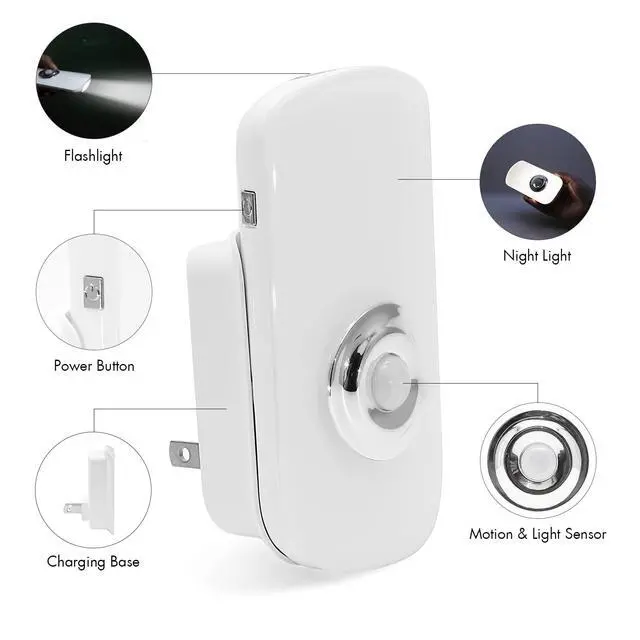 Alt view image 2 of 7 - 3-in-1 Motion Sensor Night Light Plug in, Rechargeable Flashlight, Emergency Light for Bedroom, Bathroom, Living Room, Stairways, Hallways - Cool White