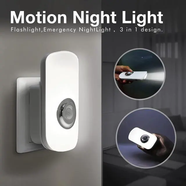 Alt view image 4 of 7 - 3-in-1 Motion Sensor Night Light Plug in, Rechargeable Flashlight, Emergency Light for Bedroom, Bathroom, Living Room, Stairways, Hallways - Cool White