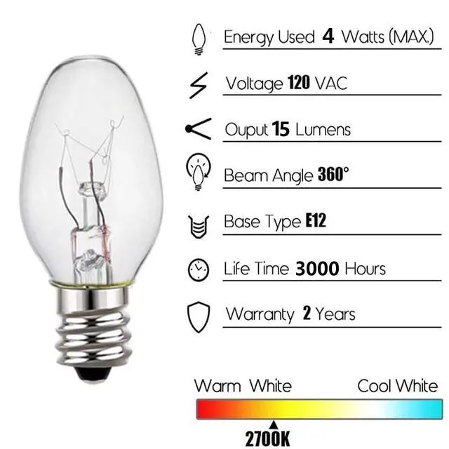 Alt view image 2 of 7 - C7 Night Light Bulb 4 Watt,E12 Candelabra Base,15 Lumens,Small Light Bulb,Night Light Replacement Bulbs,Clear, Soft White - 12 Pack