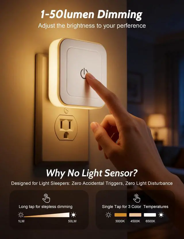Alt view image 2 of 7 - Night Light, 4 Pack 1-50LM Stepless Dimming LED Night Light with 3CCT (3000K/4500K/6500K), Night Lights Plug into Wall for Adults, Bedroom, Bathroom, Hallway, Kitchen, Kids, No Light Sensor