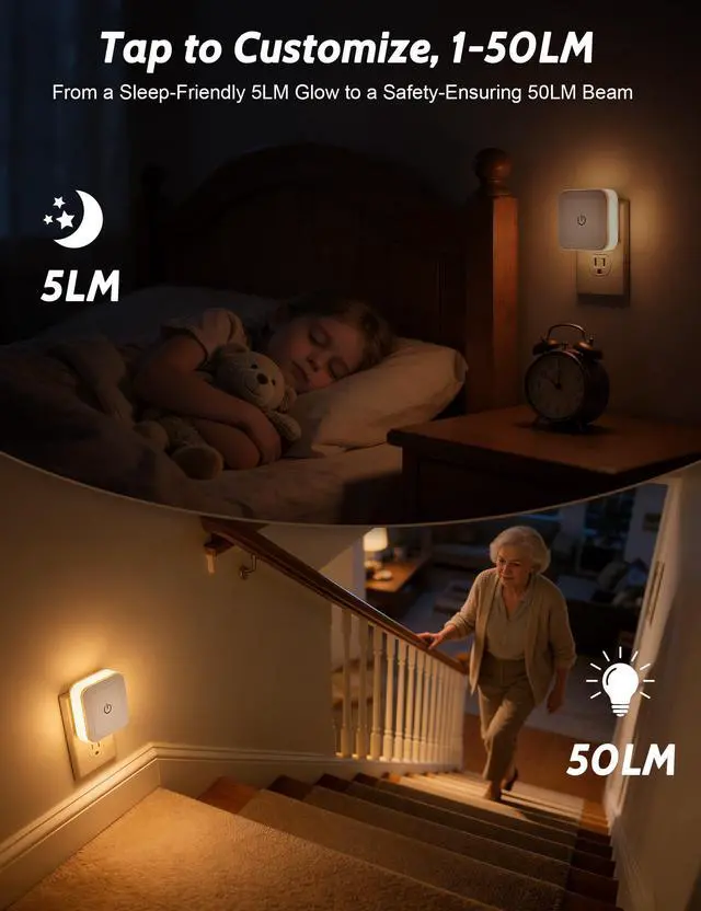 Alt view image 3 of 7 - Night Light, 4 Pack 1-50LM Stepless Dimming LED Night Light with 3CCT (3000K/4500K/6500K), Night Lights Plug into Wall for Adults, Bedroom, Bathroom, Hallway, Kitchen, Kids, No Light Sensor