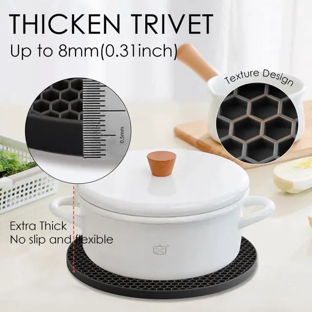 Alt view image 2 of 7 - 4 Pack Silicone Trivets for Hot Pots and Pans, Black Hot Pads Pot Holders, Non-Slip & Heat Resistant Silicone Mats for Kitchen Counter, Soft Durable Drying Mat, Jar Opener and Coasters, Black