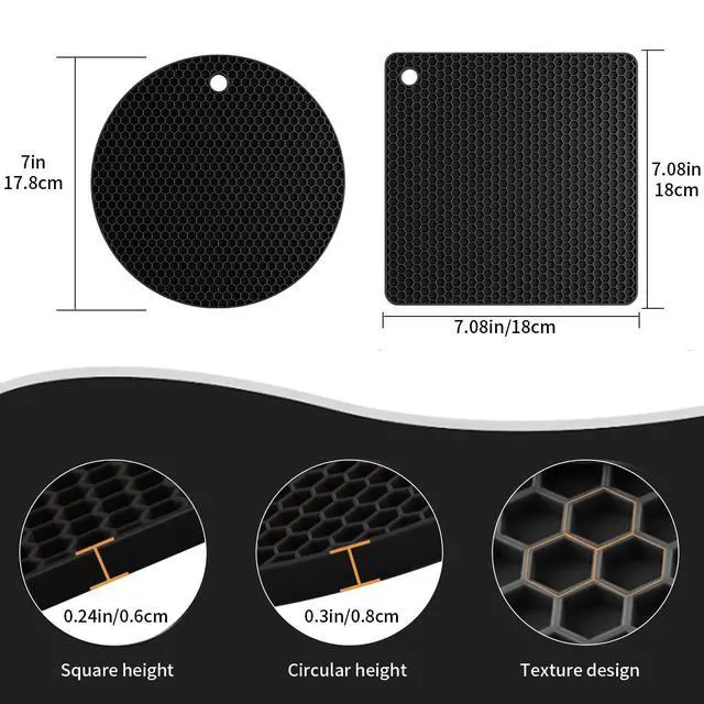 Alt view image 6 of 7 - 4 Pack Silicone Trivets for Hot Pots and Pans, Black Hot Pads Pot Holders, Non-Slip & Heat Resistant Silicone Mats for Kitchen Counter, Soft Durable Drying Mat, Jar Opener and Coasters, Black