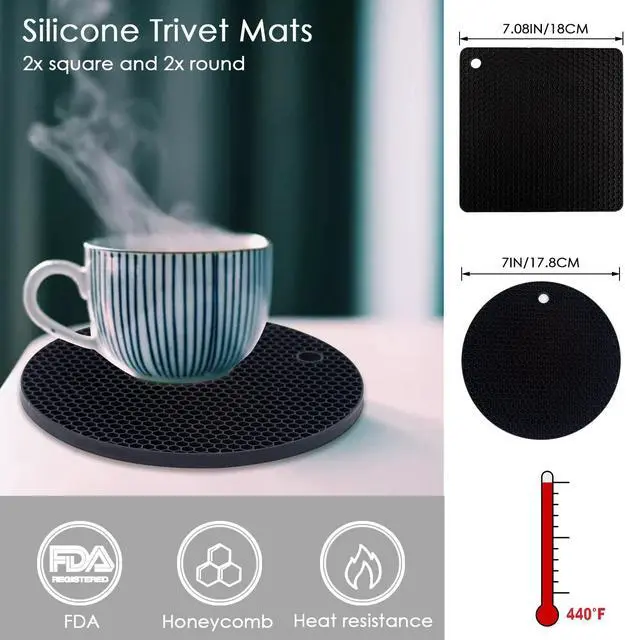 Alt view image 5 of 7 - 4 Pack Silicone Trivets for Hot Pots and Pans, Black Hot Pads Pot Holders, Non-Slip & Heat Resistant Silicone Mats for Kitchen Counter, Soft Durable Drying Mat, Jar Opener and Coasters, Black