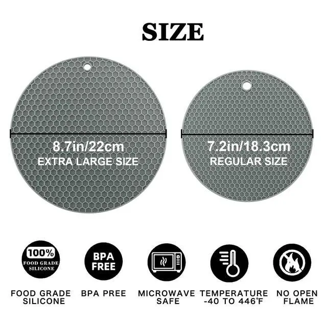 Alt view image 6 of 7 - Silicone Trivet Mats, 2 Sizes 7 & 9 Inch Heat Resistant Silicone Hot Pads Pot Holders for Kitchen - Trivets for Hot Dishes, Multipurpose Non-Slip Heat Resistant Mat, Spoon Holder, Drying Mat(Gray)