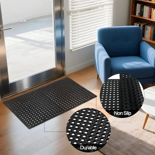 Alt view image 3 of 7 - Anti Fatigue Rubber Floor Mats, 24 x 36 Inch Non-Slip Restaurant Mat Door Mat Drainage Mat for Indoor Outdoor Wet Area, Pool Entry, Garden - Black