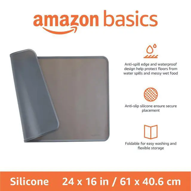 Alt view image 2 of 3 - Waterproof Non-Slip Silicone Pet Food and Water Bowl Mat with Raised Edge, Feeding Placemat to Protect Floors, 24" x 16", Grey