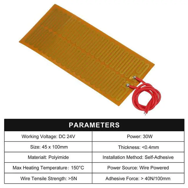Alt view image 3 of 7 - 6pcs 45mmx100mm Film Heater Plate Adhesive Pad, PI Heating Elements Film 24V 30W Strip Heater Adhesive Polyimide Heater Plate
