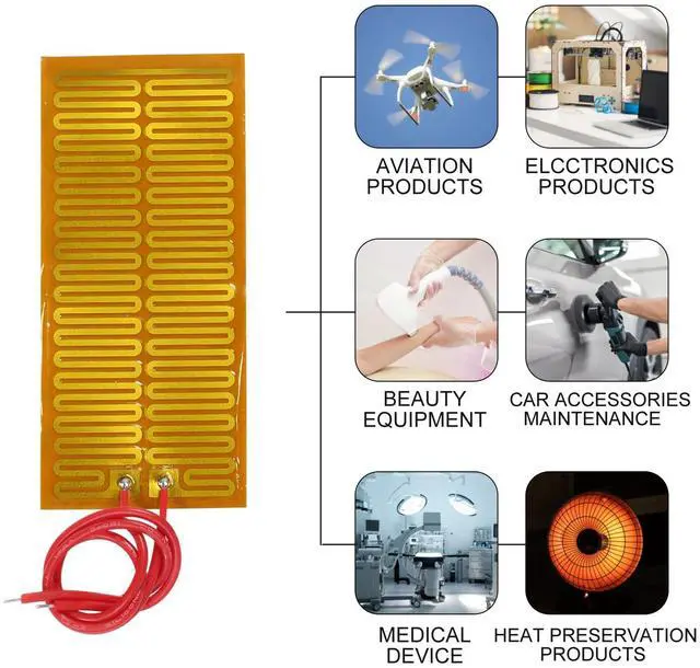 Alt view image 7 of 7 - 6pcs 45mmx100mm Film Heater Plate Adhesive Pad, PI Heating Elements Film 24V 30W Strip Heater Adhesive Polyimide Heater Plate