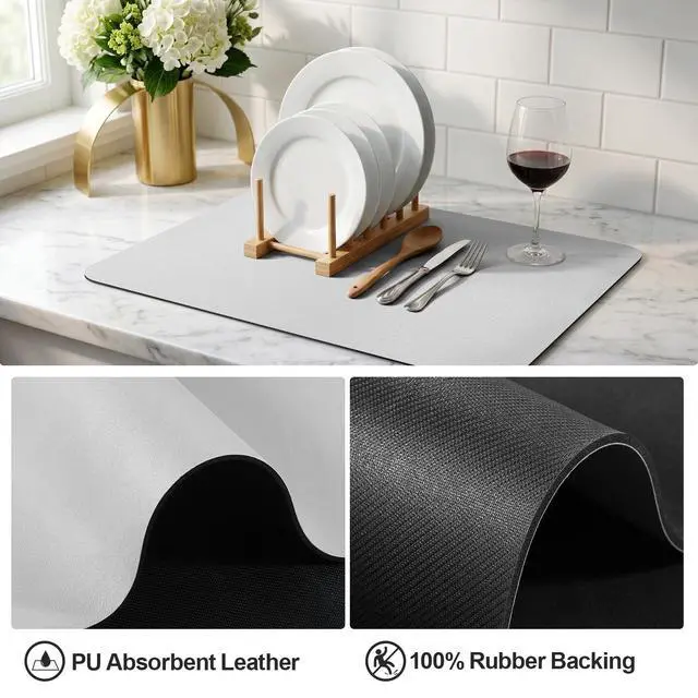 Alt view image 4 of 6 - - Dish Drying Mat for Kitchen Counter | Coffee Bar Mat for Countertops | Heat Resistant Drainer Mat with Non-slip Rubber Backed | Hide Stain Kitchen Absorbent Draining Mat | Light Grey 16"x18"