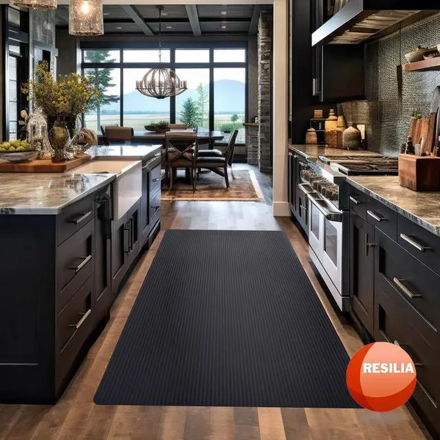 Alt view image 2 of 7 - Black Plastic Floor Runner - Embossed Wide Rib Waterproof Vinyl, Heavy Duty Protector Mat for Indoor Hardwood, Hard Floors, Garage, Entryway, Kitchen, & Outdoor Use, 27 x 6, Made in the USA