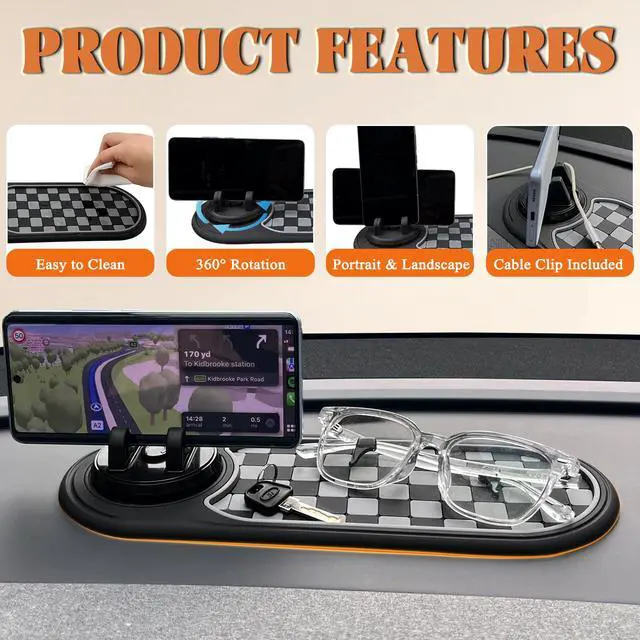 Alt view image 4 of 7 - Multifunctional Car Anti-Slip Mat with 360° Rotating Phone Holder 3 in 1 Anti Slip Mat for Car, Dashboard Mat Anti Slip Pad for Car Dashboard Organizer for Sunglasses, Keys