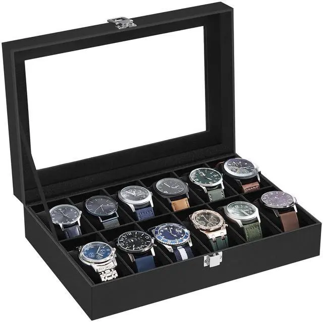 Main image of Watch Box, 12-Slot Watch Case Organizer with Large Glass Lid, Removable Pillows, Gift for Loved Ones, Black Synthetic Leather, Black Lining UJWB012B01