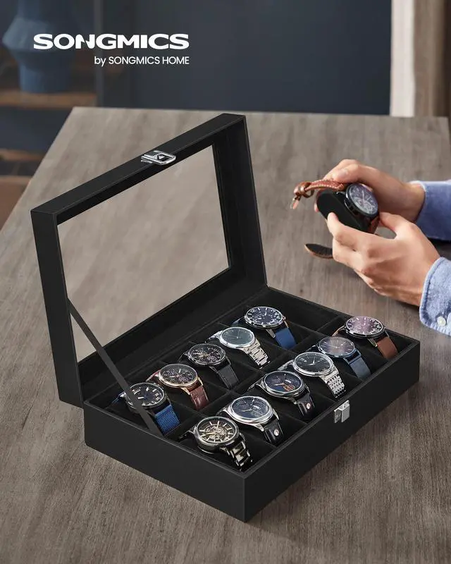 Alt view image 2 of 7 - Watch Box, 12-Slot Watch Case Organizer with Large Glass Lid, Removable Pillows, Gift for Loved Ones, Black Synthetic Leather, Black Lining UJWB012B01