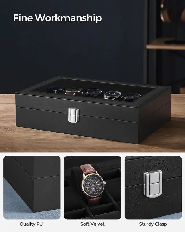 Alt view image 3 of 7 - Watch Box, 12-Slot Watch Case Organizer with Large Glass Lid, Removable Pillows, Gift for Loved Ones, Black Synthetic Leather, Black Lining UJWB012B01