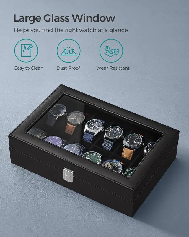 Alt view image 4 of 7 - Watch Box, 12-Slot Watch Case Organizer with Large Glass Lid, Removable Pillows, Gift for Loved Ones, Black Synthetic Leather, Black Lining UJWB012B01