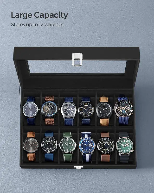 Alt view image 5 of 7 - Watch Box, 12-Slot Watch Case Organizer with Large Glass Lid, Removable Pillows, Gift for Loved Ones, Black Synthetic Leather, Black Lining UJWB012B01