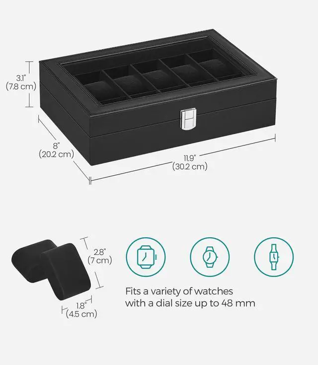 Alt view image 6 of 7 - Watch Box, 12-Slot Watch Case Organizer with Large Glass Lid, Removable Pillows, Gift for Loved Ones, Black Synthetic Leather, Black Lining UJWB012B01