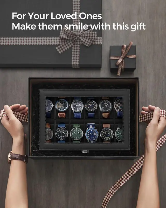Alt view image 7 of 7 - Watch Box, 12-Slot Watch Case Organizer with Large Glass Lid, Removable Pillows, Gift for Loved Ones, Black Synthetic Leather, Black Lining UJWB012B01