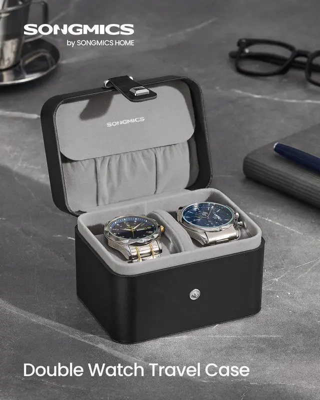 Alt view image 2 of 6 - 2 Watch Travel Case, 2-Slot Watch Box, Pillow with Hidden Storage, Adjustable Divider, Flap Pocket, 4 x 4.7 x 3.3 Inches, Gift Idea, Ink Black Surface, Dove Gray Lining UJWB029GD01