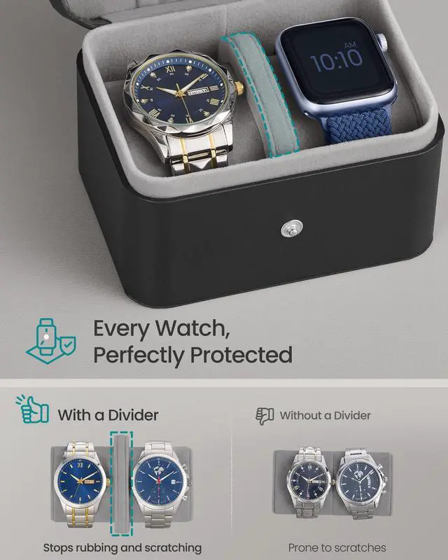 Alt view image 3 of 6 - 2 Watch Travel Case, 2-Slot Watch Box, Pillow with Hidden Storage, Adjustable Divider, Flap Pocket, 4 x 4.7 x 3.3 Inches, Gift Idea, Ink Black Surface, Dove Gray Lining UJWB029GD01