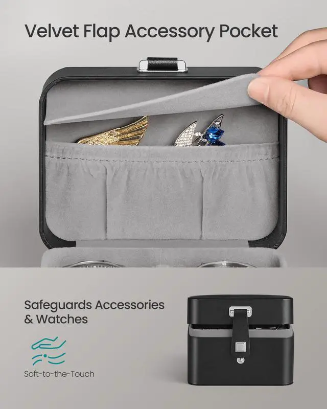 Alt view image 4 of 6 - 2 Watch Travel Case, 2-Slot Watch Box, Pillow with Hidden Storage, Adjustable Divider, Flap Pocket, 4 x 4.7 x 3.3 Inches, Gift Idea, Ink Black Surface, Dove Gray Lining UJWB029GD01