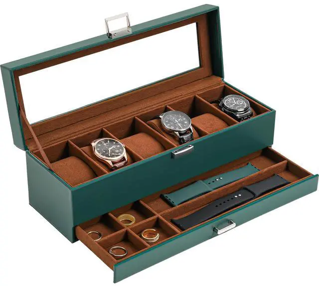Main image of Watch Box, 6 Slot Watch Display Case with Drawer -MidnightGreen