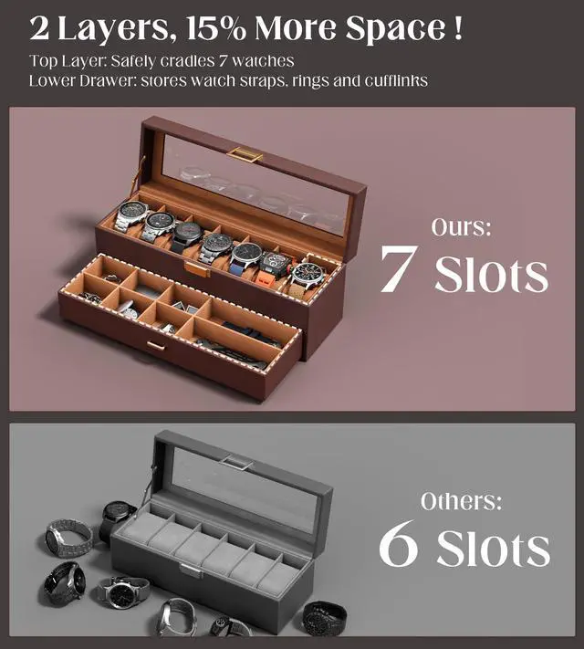 Alt view image 2 of 7 - Watch Cases Box for Men 7 Slots Display Case with Jewelry Bottom