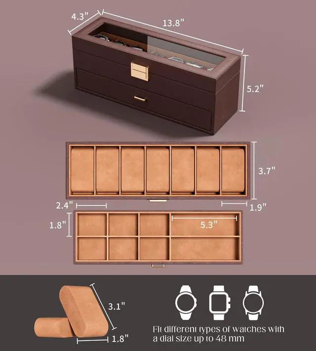 Alt view image 7 of 7 - Watch Cases Box for Men 7 Slots Display Case with Jewelry Bottom