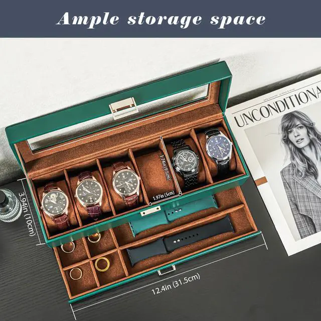 Alt view image 2 of 7 - Watch Box, 6 Slot Watch Display Case with Drawer -MidnightGreen