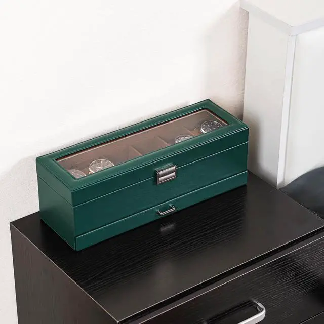 Alt view image 4 of 7 - Watch Box, 6 Slot Watch Display Case with Drawer -MidnightGreen