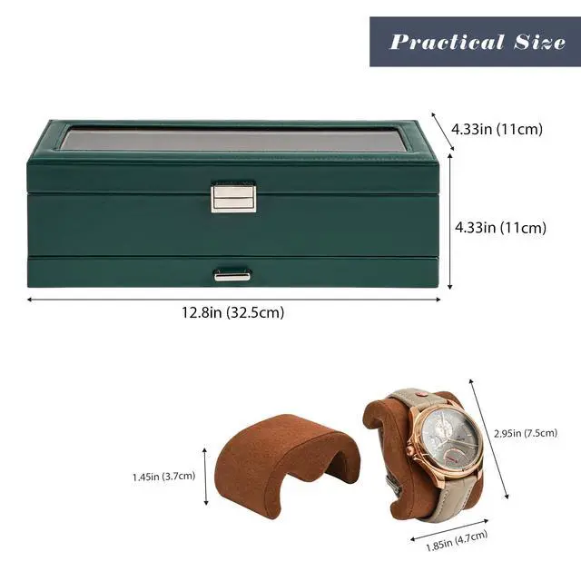 Alt view image 5 of 7 - Watch Box, 6 Slot Watch Display Case with Drawer -MidnightGreen