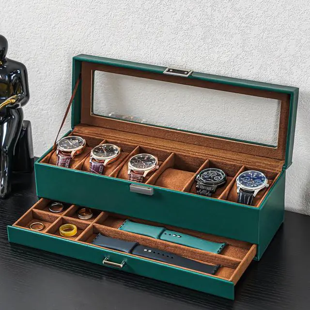 Alt view image 6 of 7 - Watch Box, 6 Slot Watch Display Case with Drawer -MidnightGreen