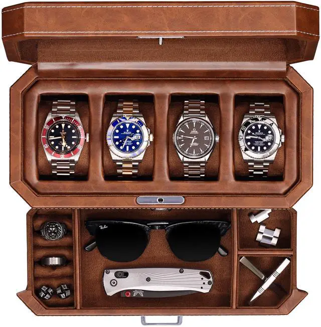 Main image of 4 Slot Leather Watch Box with Valet Drawer - Luxury Case Display Jewelry Organizer, Locking Display Case Holder with Real Glass Top - Watch Box Organizer for Men & Women (Tan)