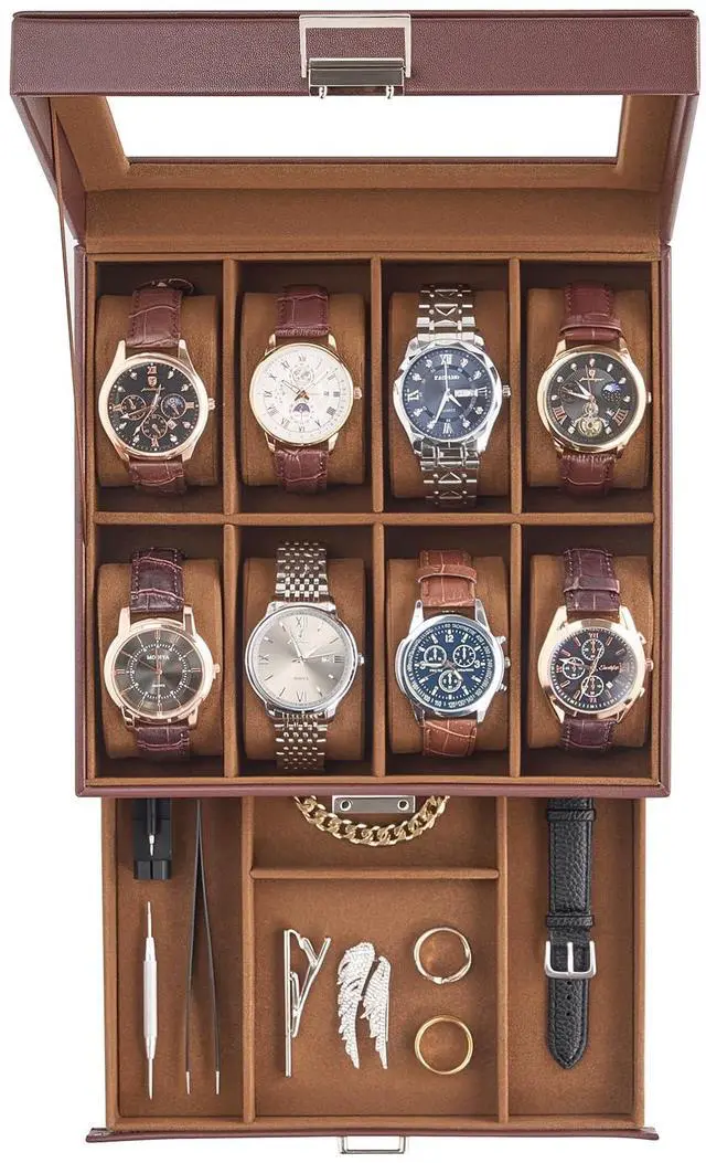 Main image of Watch Case, 8 Slot Mens Watch Box with Drawer -Espresso