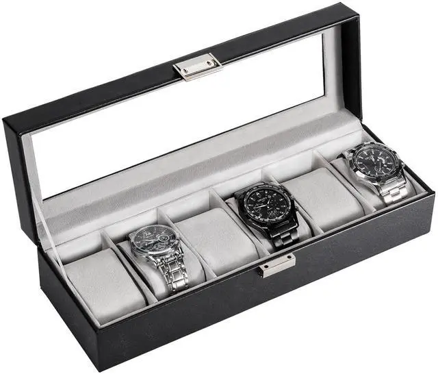 Main image of Watch Box, 6 Slot Mens Watch Display Case, Black