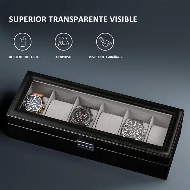 Alt view image 3 of 7 - Watch Box, 6 Slot Mens Watch Display Case, Black