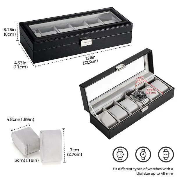 Alt view image 5 of 7 - Watch Box, 6 Slot Mens Watch Display Case, Black
