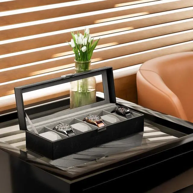 Alt view image 6 of 7 - Watch Box, 6 Slot Mens Watch Display Case, Black