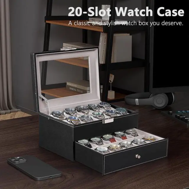 Alt view image 2 of 7 - Watch Case, 20-Slot Watch Box Organizer with Large Glass Lid