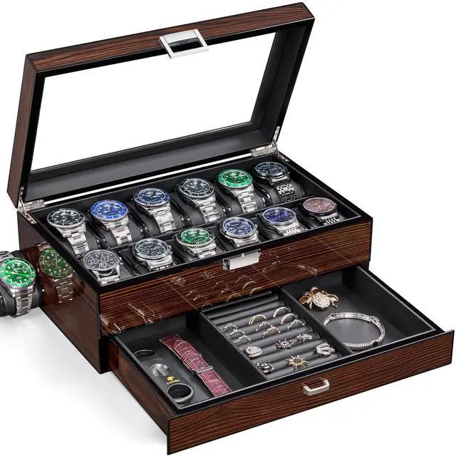 Main image of High-End Watch Box 12-Slot Wooden Watch Case with Large Glass Lid