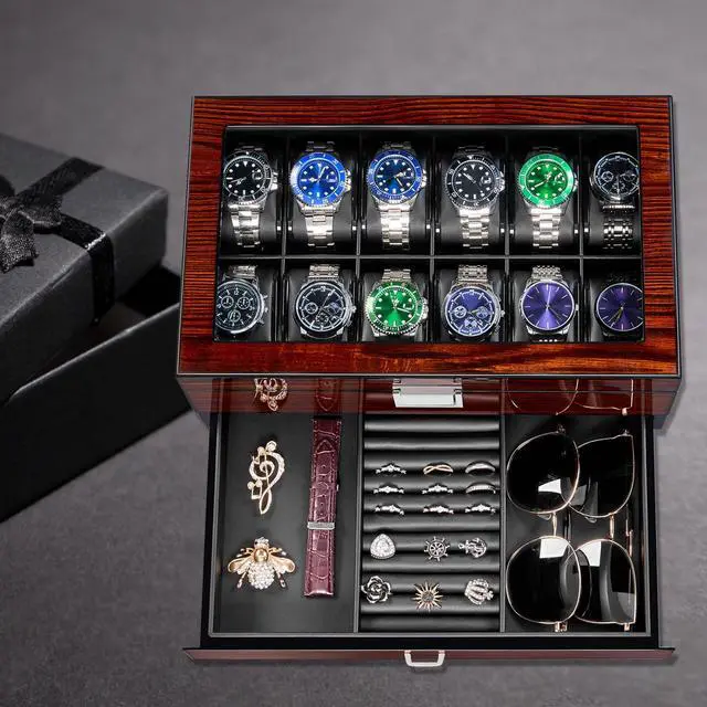 Alt view image 4 of 7 - High-End Watch Box 12-Slot Wooden Watch Case with Large Glass Lid
