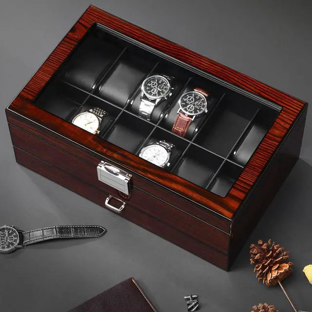 Alt view image 5 of 7 - High-End Watch Box 12-Slot Wooden Watch Case with Large Glass Lid