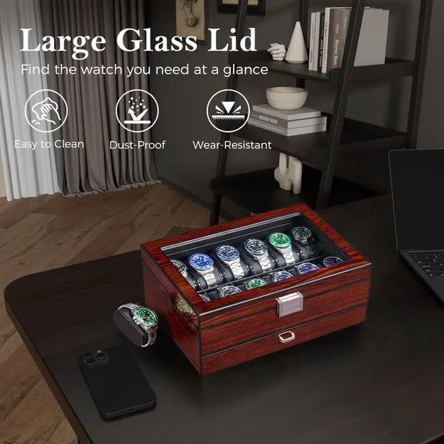 Alt view image 3 of 7 - High-End Watch Box 12-Slot Wooden Watch Case with Large Glass Lid