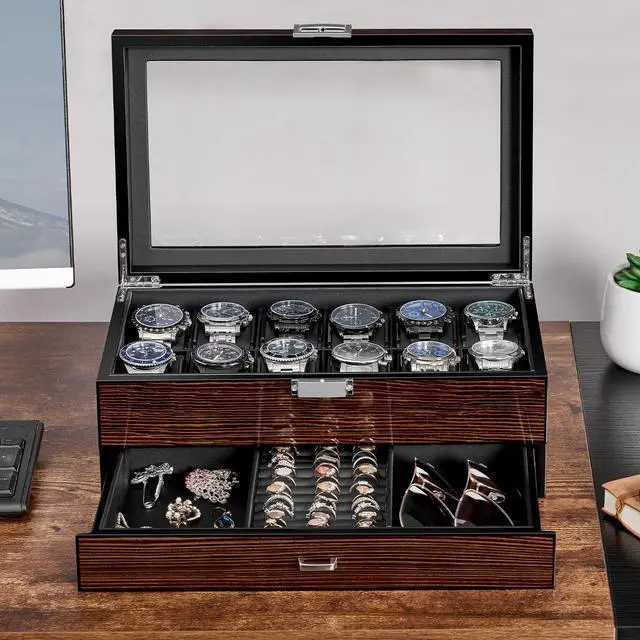 Alt view image 6 of 7 - High-End Watch Box 12-Slot Wooden Watch Case with Large Glass Lid