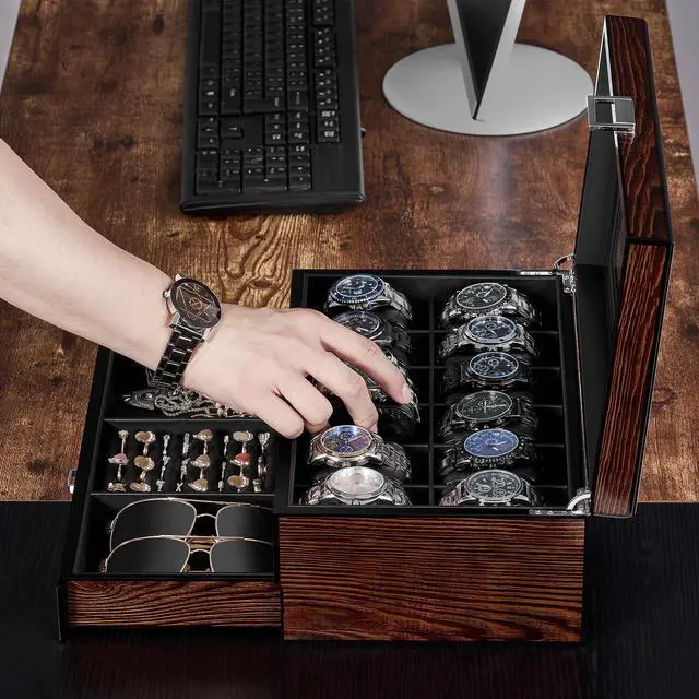 Alt view image 7 of 7 - High-End Watch Box 12-Slot Wooden Watch Case with Large Glass Lid