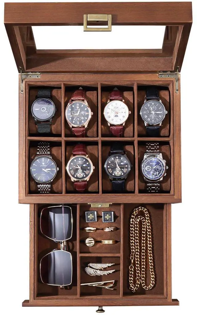 Main image of Wooden Watch Case, 8 Slot Mens Watch Box with Drawer, 2-Layer Mens Jewelry Box Storage Holder Organizer Display Case, Fathers Day Gift, Anniversary Birthday Gifts for Men Women -8 Slot, Brown